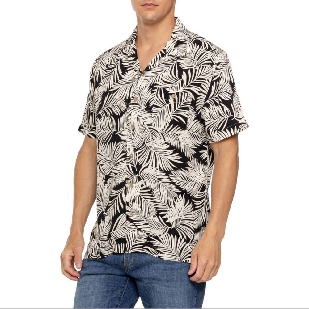 Weatherproof L Black Ivory Tropical Hawaii Short Sleeve Casual Camp Shirt